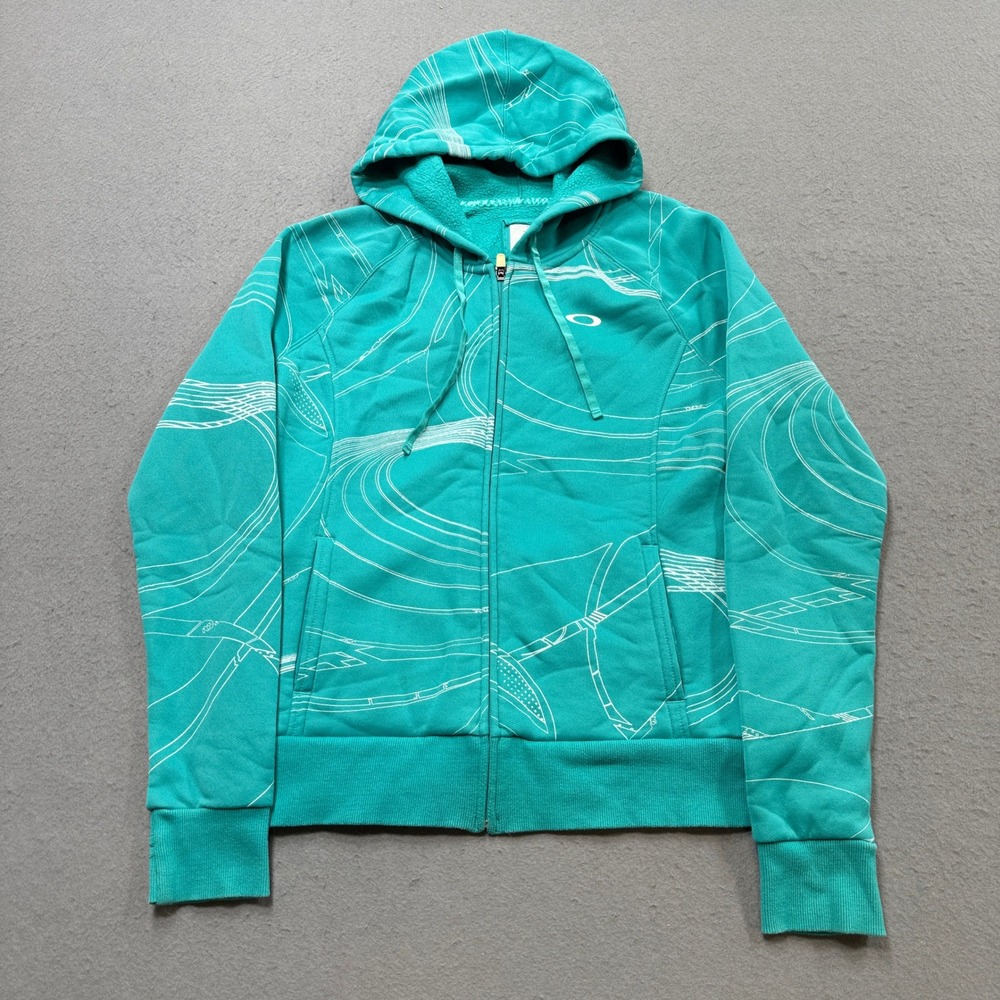 Oakley Hoodie Women's XL Teal Fleece Lined Zip Up Graphic Loose Fit Sweatshirt